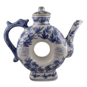 Donut Shaped Asian Lidded Teapot Dragon Handle Blue White Floral Porcelain VTG